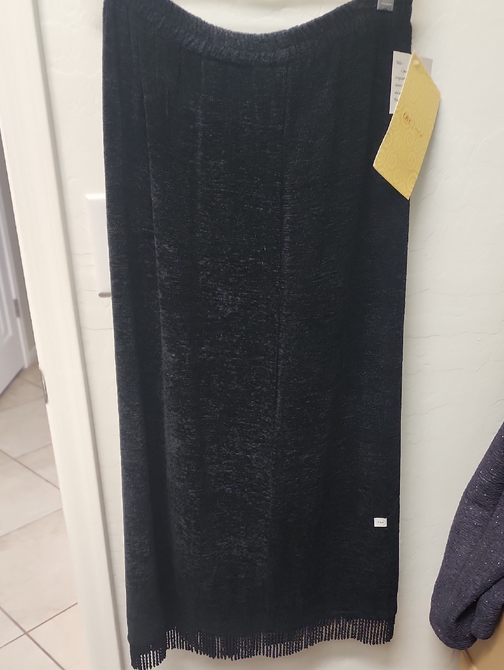 Black Velvet Maxi Skirt with Fringe Trim